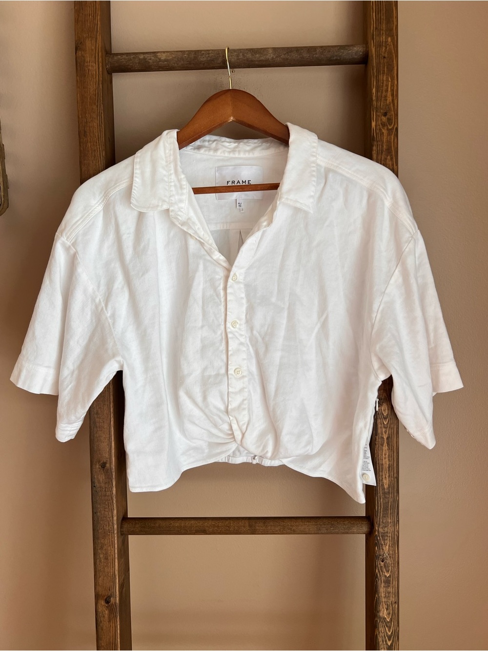 Frame White Cropped Button-Front Linen Blend Top